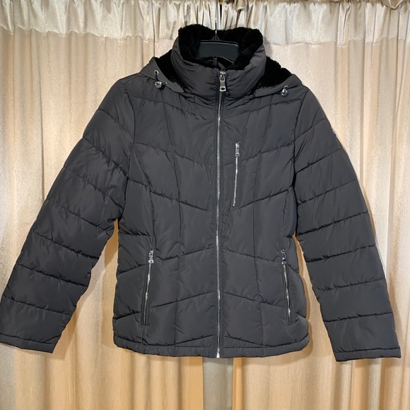Calvin Klein Puffer jacket. Size Large. Color Gray with black faux fur. - Picture 1 of 13